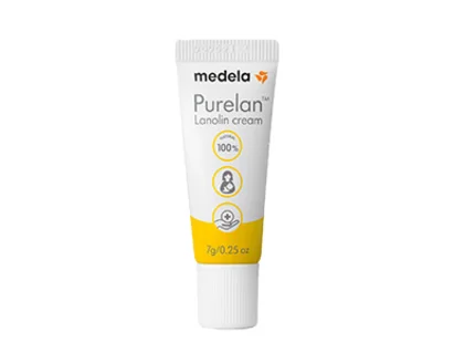 Una crema de lanolina Purelan™ de 7 g de Medela en tamaño de viaje.